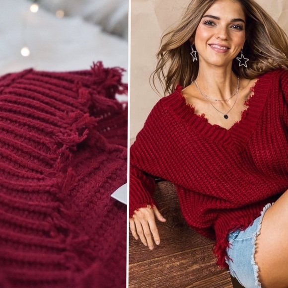 Burgundy Frayed V-Neck Knit Sweater Cozy - Picture 4 of 9